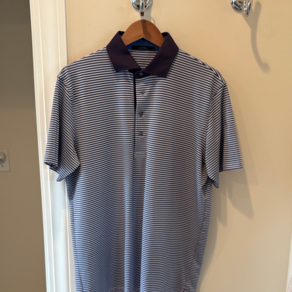 Greyson Navy Striped Golf Shirt- Medium